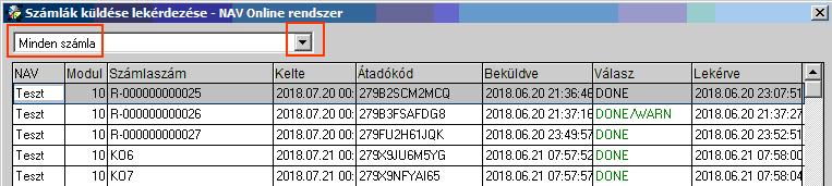 - Itt láthatja az összes beküldött számlát, a beküldés főbb adatait - Itt tudja a NAV válaszát lekérdezni a beküldött számlákkal kapcsolatban - Itt jelennek meg a NAV-tól kapott válaszok, melyeket