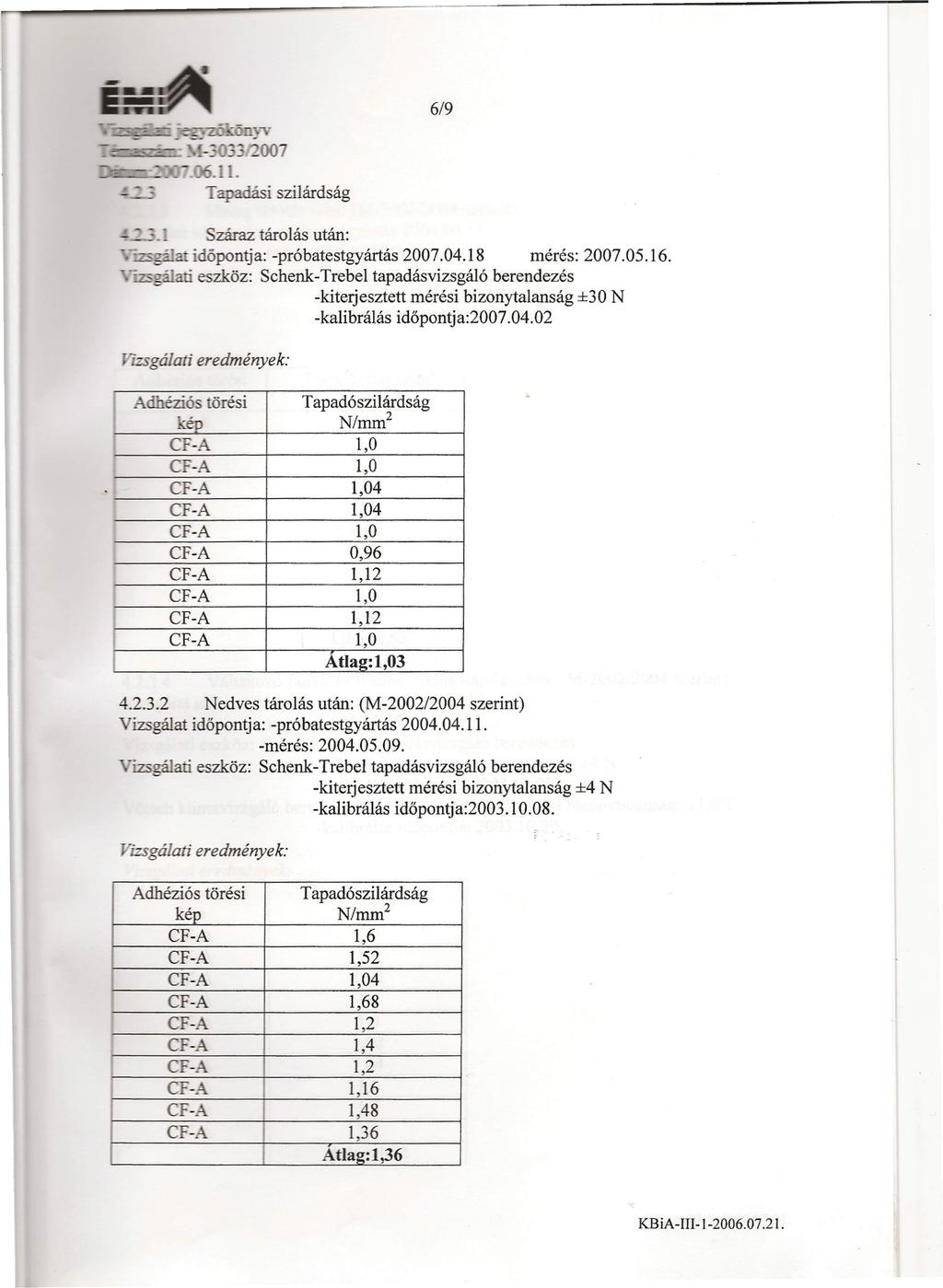 619 ~ apadási szilárdság zá.raz tárolás után: ~',,",,',:rridópontja: -próbatestgyártás 2007.04.18 mérés: 2007.05.16.