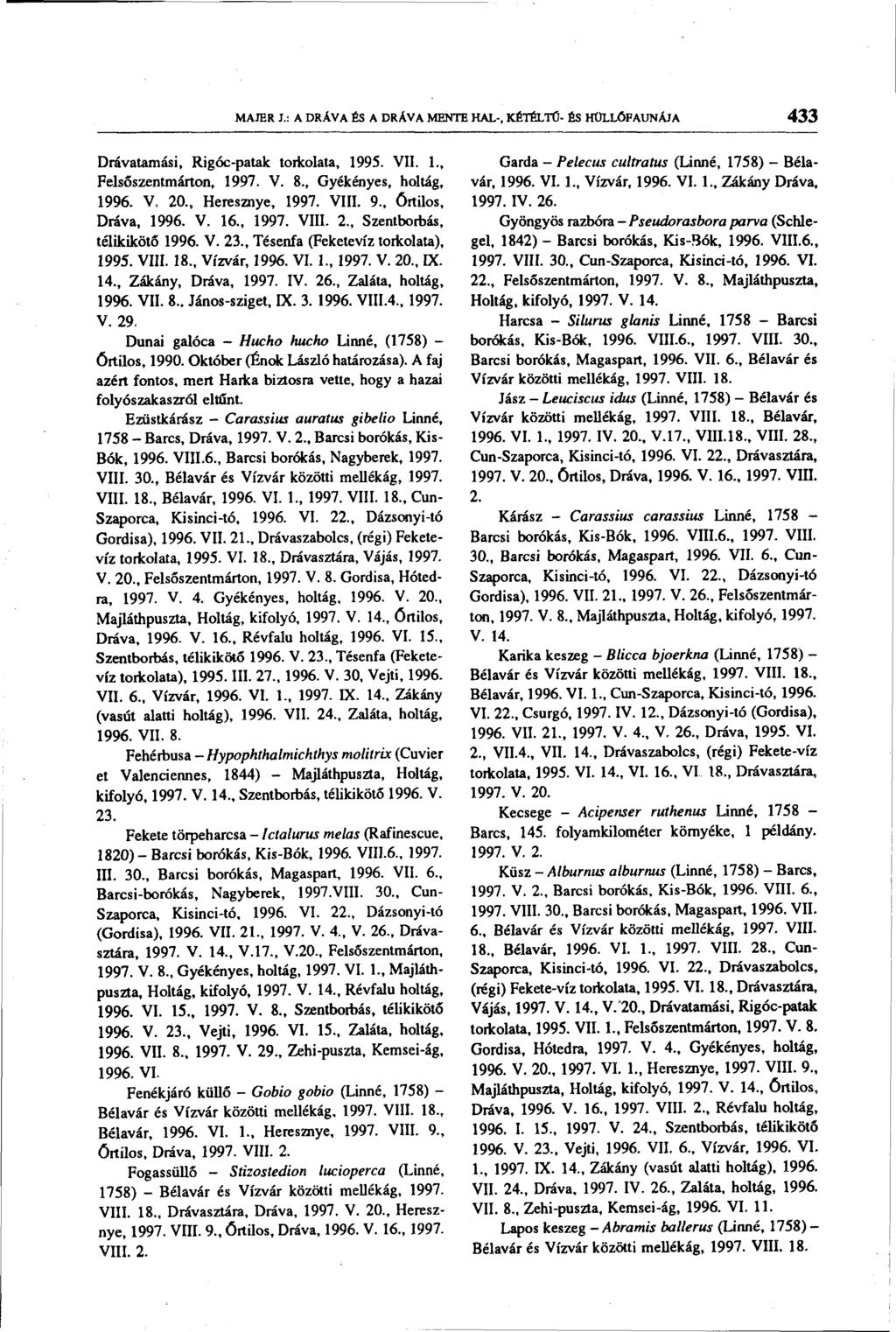 MAJER J.: A DRÁVA ÉS A DRÁVA MENTE HAL-, KÉTÉLTŰ- ÉS HÜLLOFAUNÁJA 433 Drávatamási, Rigóc-patak torkolata, 1995. VII. 1., Felsőszentmárton, 1997. V. 8., Gyékényes, holtág, 1996. V, 20.