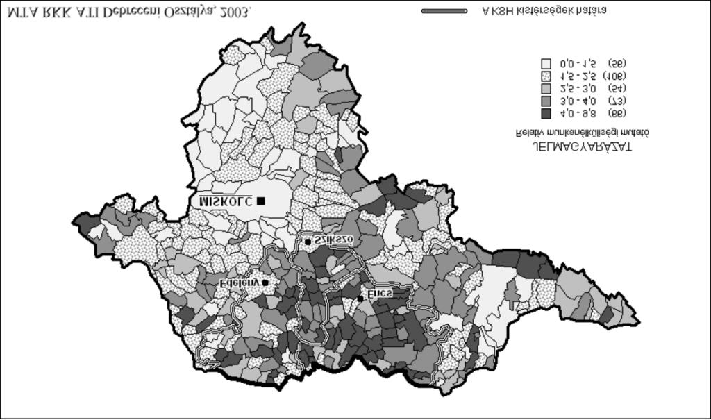 10. ábra Relatív munkanélküliségi mutató Borsod-Abaúj-Zemplén megye településein 2001 decemberében Különösen súlyos probléma, hogy szinte alig találhatók jelentõsebb munkaerõt foglalkoztató gazdasági
