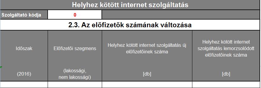 2.3. Az előfizetők számának változása Az adatlapot csak abban az esetben kell kitölteni, ha a Szolgáltató helyhez kötött internet szolgáltatás előfizetőinek száma 2016.12.31-én legalább 4000 db volt.