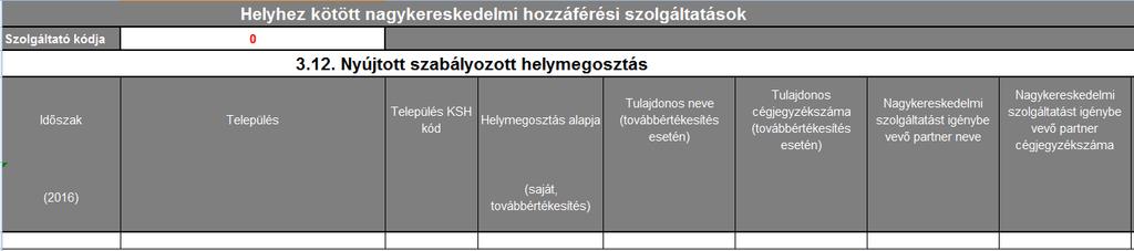 3.12. Nyújtott szabályozott helymegosztás A táblázat első fele: A táblázat második fele: Helyhez kötött nagykereskedelmi hozzáférési szolgáltatások 3.12. Nyújtott szabályozott helymegosztás Helymegosztási helyszín címe Helymegosztási helyszín típusa Helymegosztási helyszín elhelyezkedése (mellékelt 6.