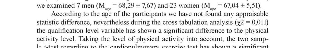 The participants have been requested by the database of the Civil Service Centre of Eger (N = 30; Mage = 66,76 ± 6,028) and have been ranked as a group of physically active (N = 16; Mage = 67,19 ±