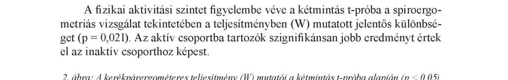 32 Kopkáné Plachy Judit, Juhász Imre, Bíró Melinda, Fodor Éva, Ré v é sz László Kétmintás t-próba A fizikai aktivitási szintet figyelembe véve a kétmintás t-próba a spiroergometriás vizsgálat