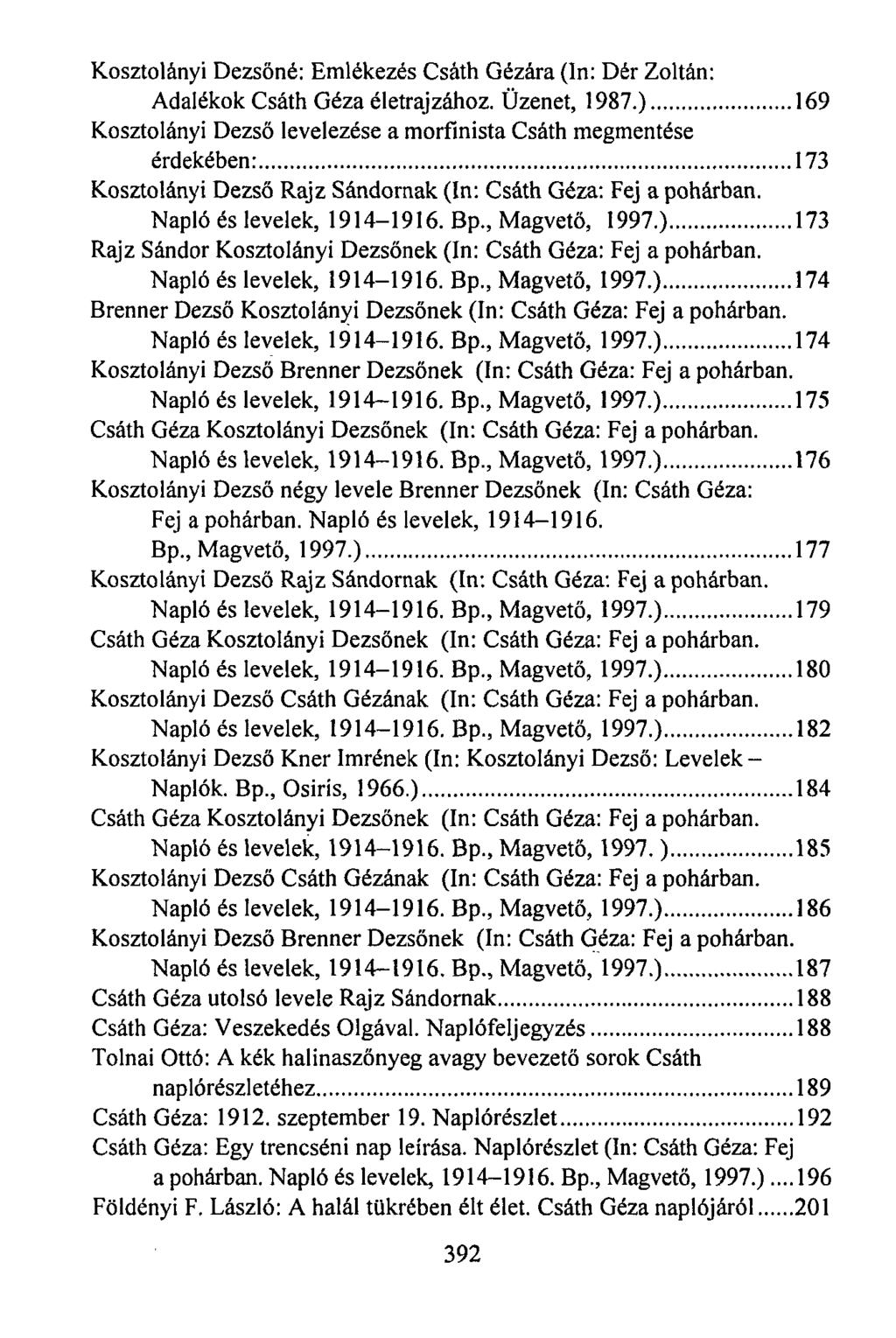 Kosztolányi Dezsőné: Emlékezés Csáth Gézára (In: Dér Zoltán: Adalékok Csáth Géza életrajzához. Üzenet, 1987.