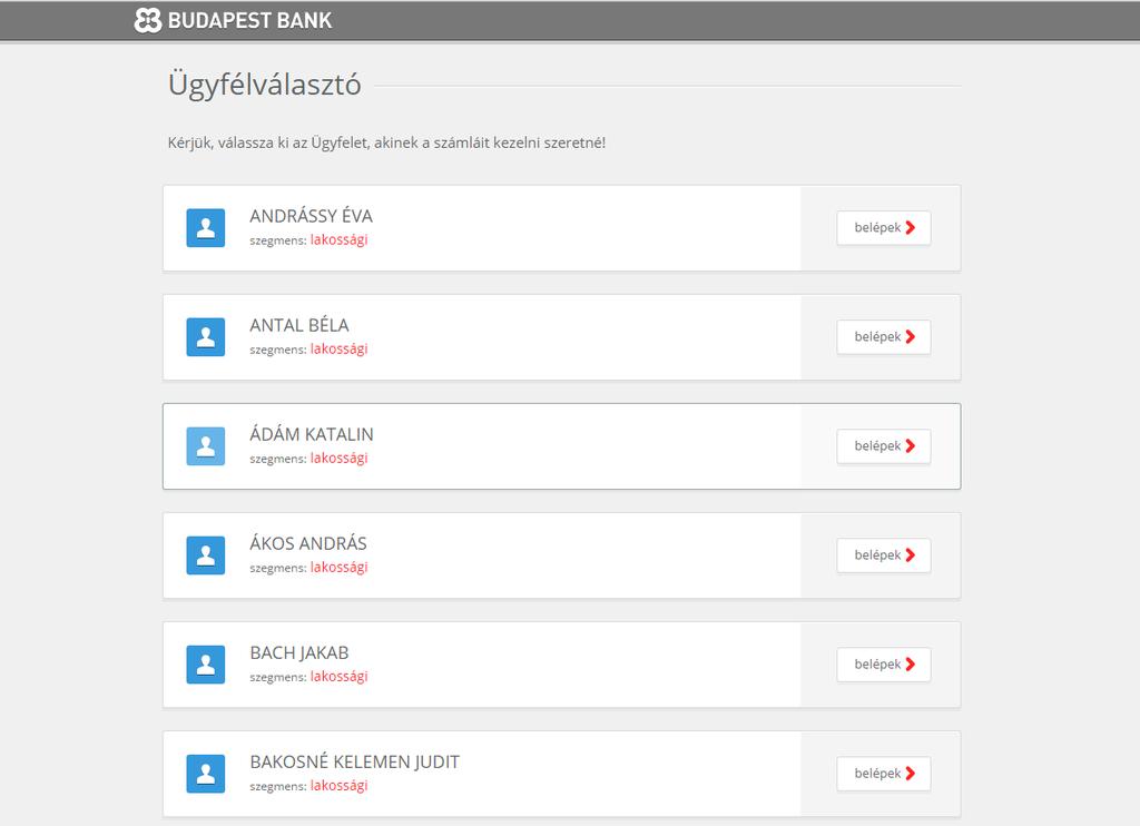 Ügyfélválasztó Abban az esetben, ha egy felhasználó több ügyfél számláját is kezeli, akkor a belépési
