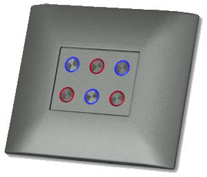 Cikkszám: DPBT06-LG/DG/W 6 nyomógombos buszkapcsoló Domintell design Domintell 6 nyomógombos kapcsoló állítható fényerejű kék és piros LED-ekkel, visszajelzés funkció a szoftverben állítható.