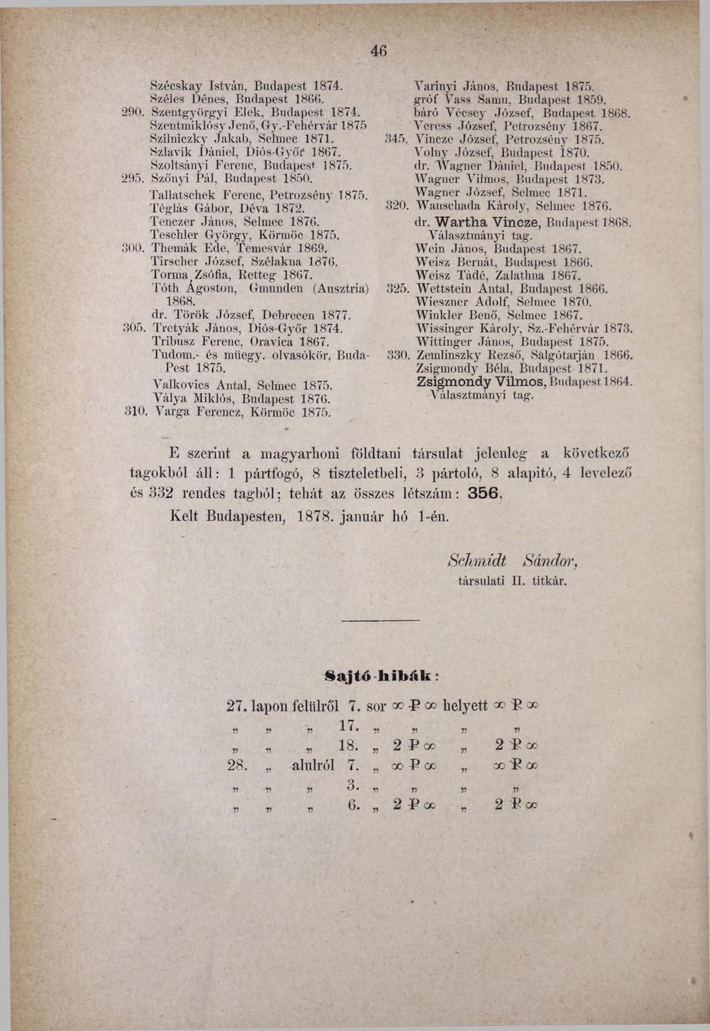 46 Szécskay István, Budapest Széles Dénes, Budapest 1866. 290. Szentgyörgyi Elek, Budapest Szentmiklósy Jenő, Gy.-Fehérvár 1875 Szilniczky Jakab, Selmec 1871.