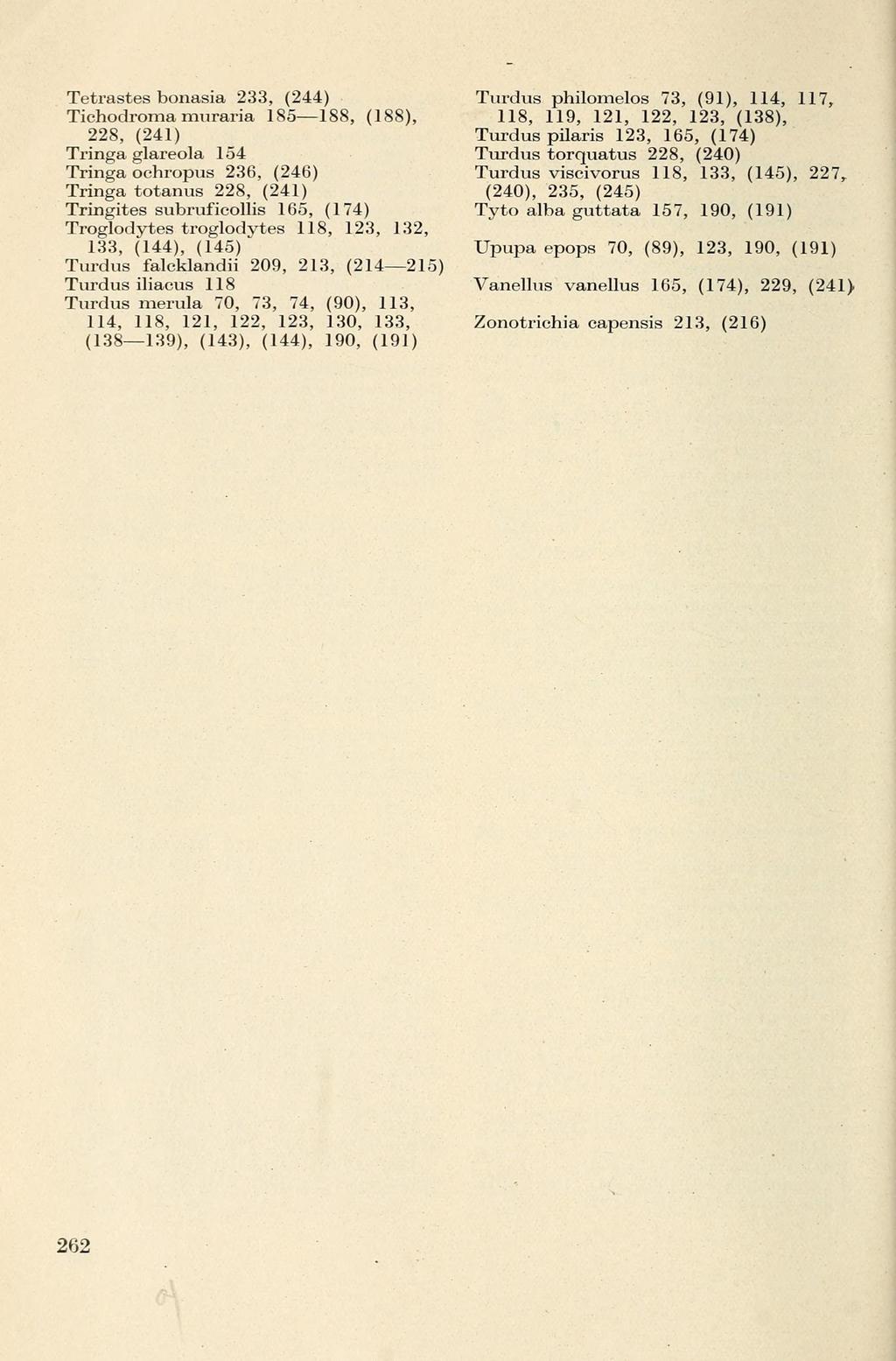 Tetrastes bonasia 233, (244) Tichodroma muraria 185 188, (188), 228, (241) Tringa glareola 154 Tringa ochropus 236, (246) Tringa totanus 228, (241) Tringites subruficollis 165, (174) Troglodytes