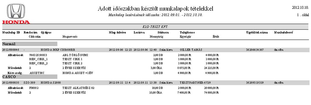 Tulajdonos Munkalapon szereplő gépjármű tulajdonosa Ügyfél tel.