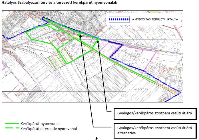 - bicskei vasútvonal szintbeli keresztezése a kerékpárúttal (két alternatíva, amelyből a Szakközépiskola és a gazdasági terület közötti átvezetéshez tartozó szintbeli