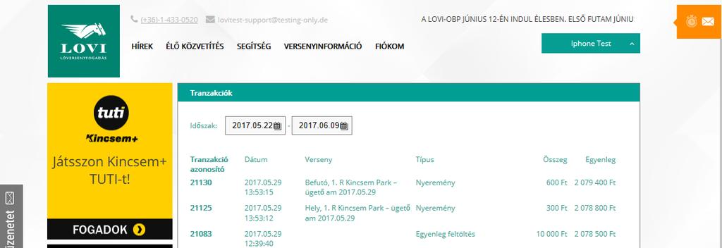 Elfogadva (totalizatőr által): mikor fogadta be a totalizatőr rendszer a fogadást?
