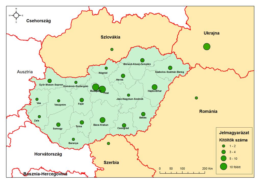 A magyar nyelven és online elérhető kérdőívet kitöltők területi szóródását az 1. ábra mutatja be.