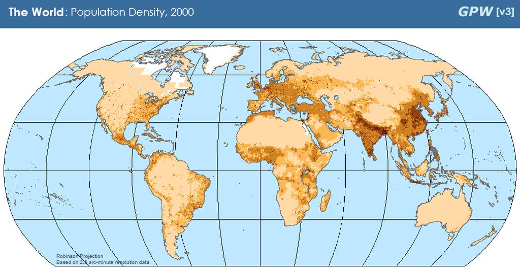 A világ népsűrűsége és az 1 méteres tengerszint emelkedés által veszélyeztetett parti területek és folyódelták (2-300 millió ember) Africa: Nigeria, Cameroon, Gabon,