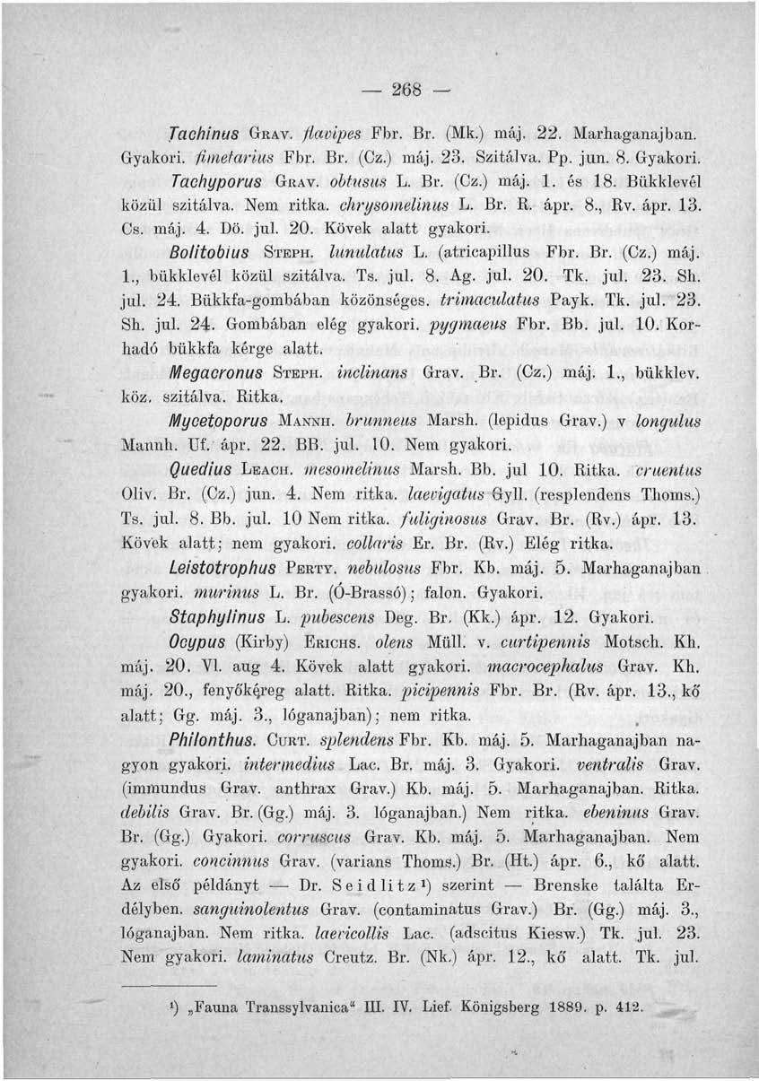 268 Tachinus GRAV. fiavipes Fbr. Br. (Mk.) máj. 22. Marhaganajban. Gyakori, fimetarius Fbr. Br. (Gz.) máj. 23. Szitálva. Pp. jun. 8. Gyakori. Tachypórus GRAV. obtttsus L. Br. (Cz.) máj. 1. és 18.