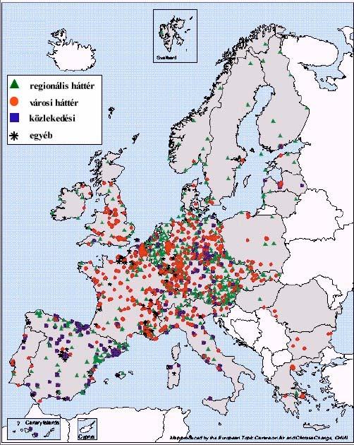 13. ábra: Az EEA által feldolgozott adatokat szolgáltató állomások térképe (2002) Mivel a társulandó országokban a `90-es évek előtt évtizedekig a légtisztaságvédelem nem játszott fontos szerepet, az
