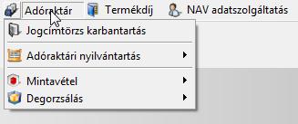 2. Adóraktár menüpont: Az Adóraktári funkciók a programon belül egy menüpontban érhetőek el, melyeknek