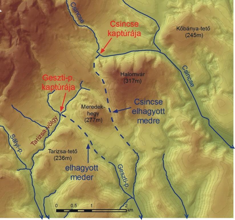 5. ábra. A Csincse- és Geszti-patak kaptúrája A Kácsi-patak vízgyűjtőjében, a Várhegy (325 m) előterének kusza völgyhálózata is keletkezhetett sorozatos pataklefejezések eredményeként.