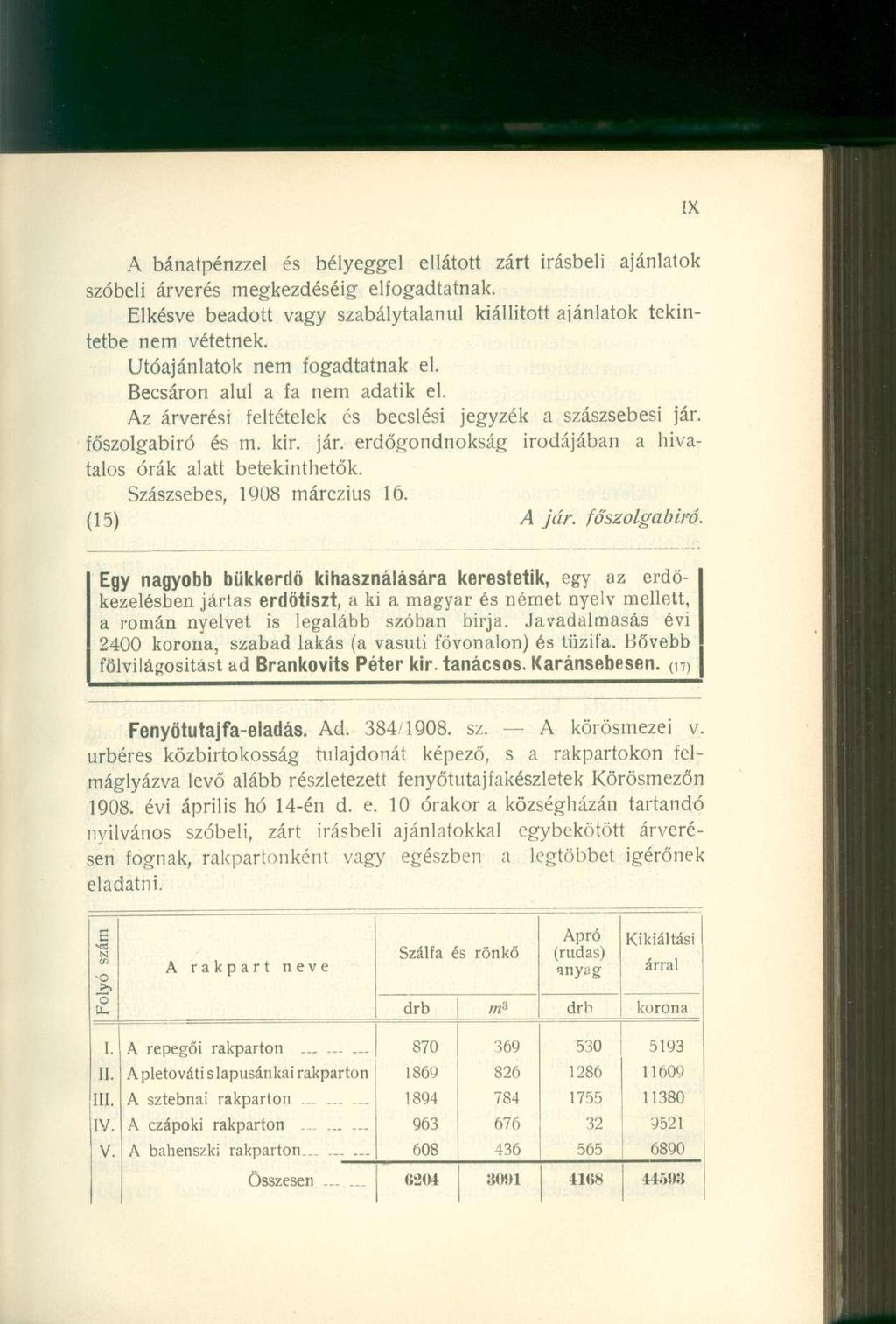 A bánatpénzzel és bélyeggel ellátott zárt írásbeli ajánlatok szóbeli árverés megkezdéséig elfogadtatnak. Elkésve beadott vagy szabálytalanul kiállított ajánlatok tekintetbe nem vétetnek.