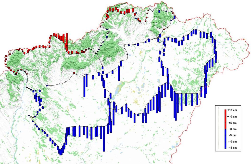 A K-pontok magasságváltozása a KMO 1. és 2. mérése között KMO: Kelet-Magyarország északi részét lefedő 8, 9, 10-es poligon 1. epocha: 1975-1978 2.