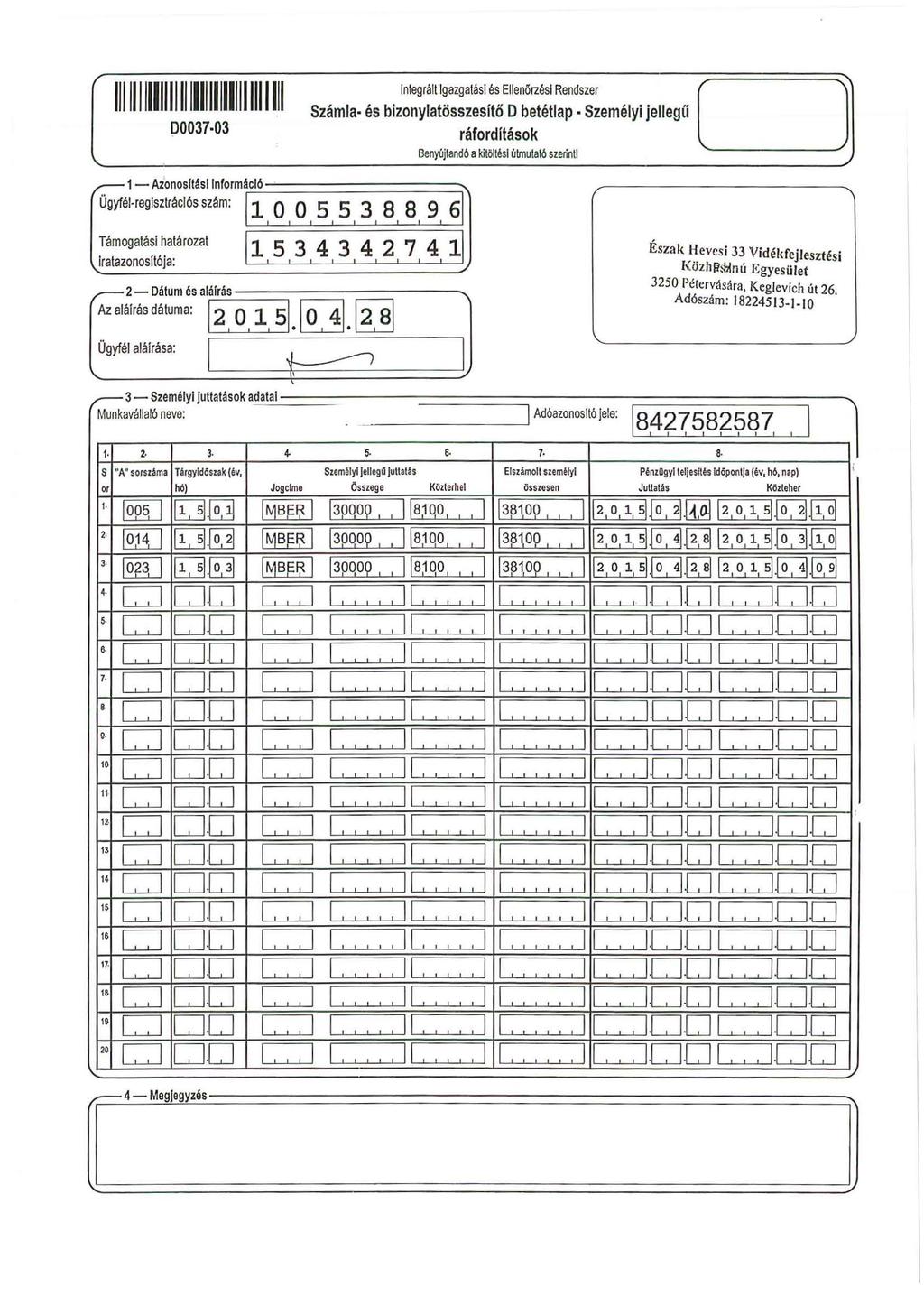 00037 03 1-Az;onosftásnformá~c~ó==========~ Ügyfé-regiszrácós szám:.