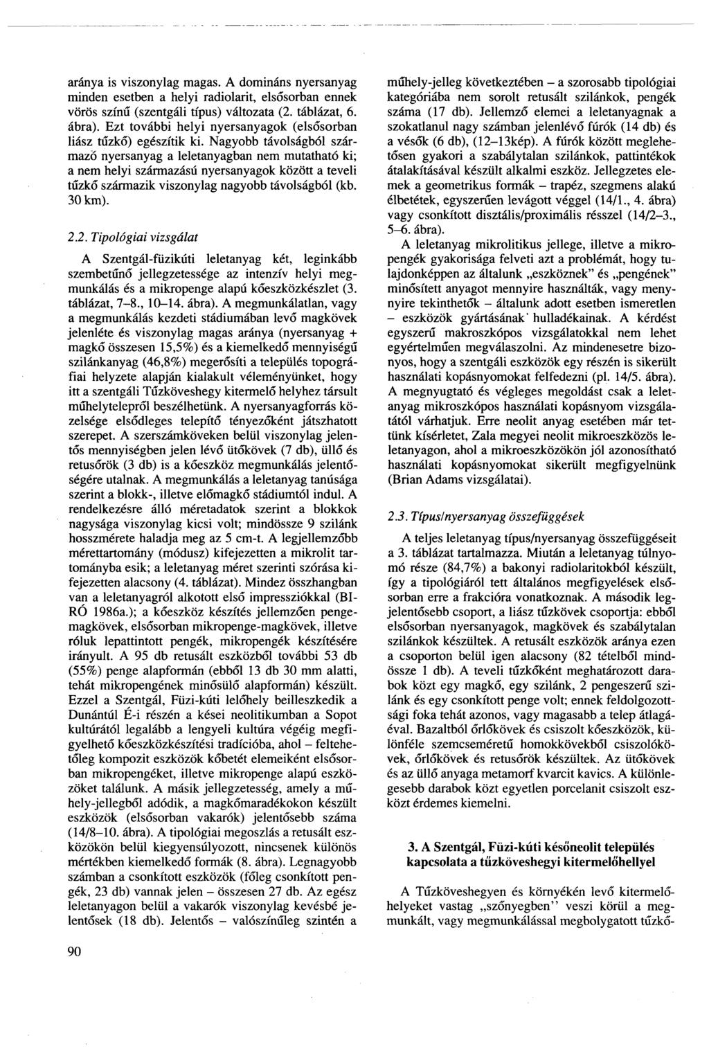 aránya is viszonylag magas. A domináns nyersanyag minden esetben a helyi radiolarit, elsősorban ennek vörös színű (szentgáli típus) változata (2. táblázat, 6. ábra).