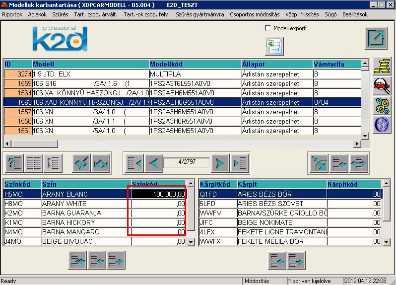 4.2. Modell karbantartó Szín és kárpit felár Modell karbantartó modulban egy adott modellhez rendelt szín és kárpit esetében megadható felár.