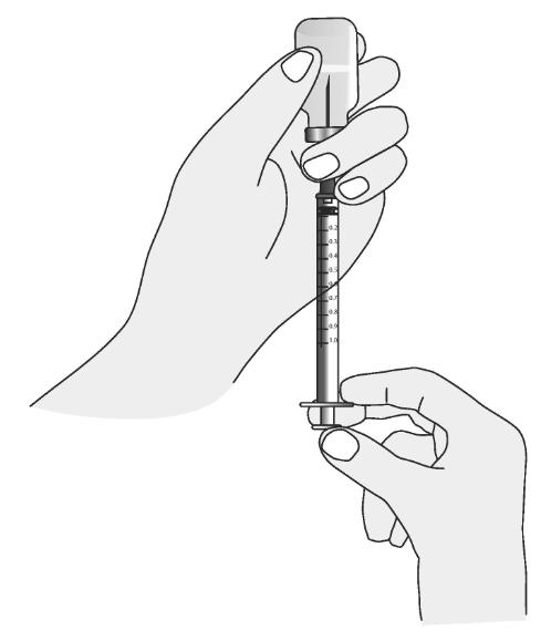 Óvatosan vegye le a felszívótűről a védőkupakot, és tegye a kupakot félre. Húzza ki a dugattyút egészen az 1,0 ml-es jelzésig, és szívja tele a fecskendőt levegővel.