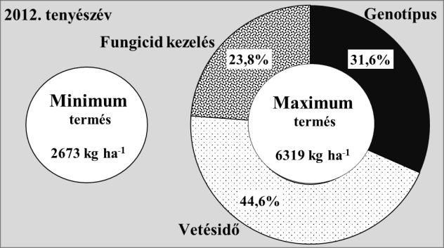 ha -1 ). A 2012. tenyészévet jellemző nagyfokú kórtani infekció következtében a fungicid kezelés hatása csak mérsékelt (23,8%) volt a termésnövekedésben.