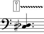 Suerball stick on notated strings. / Suerballlal játszva a jelölt húrokon. Percussion effect: knocking on the instrument with left alm.