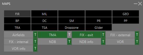 MAPS A MAPS ablakban található meg az összes térképre felpakolható elem, minden külön állítható, hasonlóan az IvAc1 SID és STAR menüjéhez.
