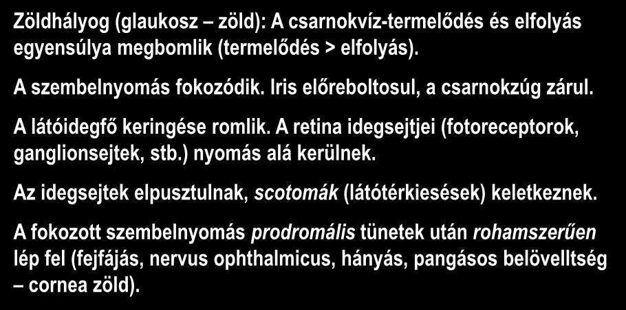 Glaukóma Zöldhályog (glaukosz zöld): A csarnokvíz-termelődés és elfolyás egyensúlya megbomlik (termelődés > elfolyás). A szembelnyomás fokozódik. Iris előreboltosul, a csarnokzúg zárul.