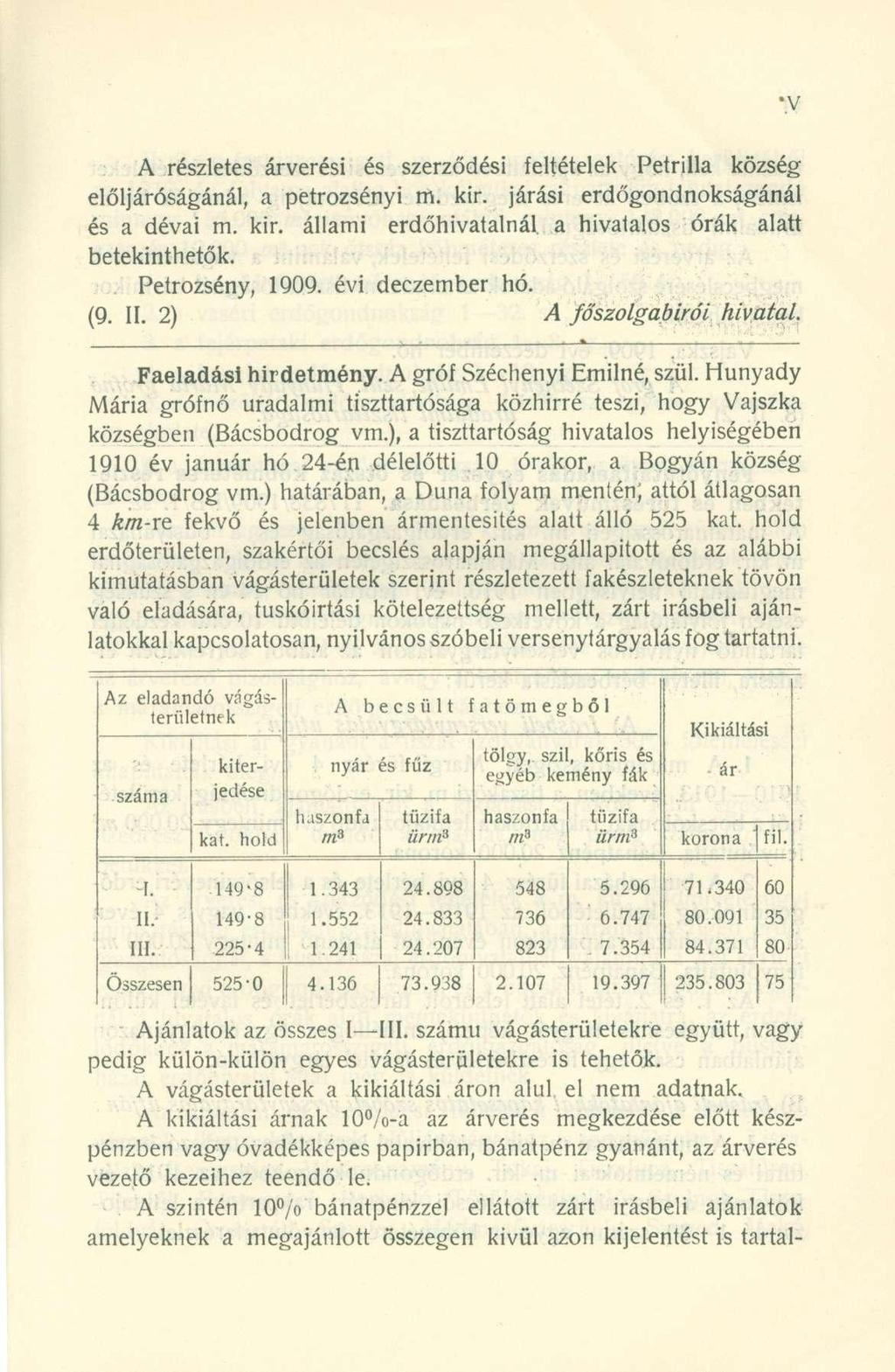 A részletes árverési és szerződési feltételek Petrilla község elöljáróságánál, a petrozsényi m. kir. járási erdőgondnokságánál és a dévai m. kir. állami erdőhivatalnál a hivatalos órák alatt betekinthetők.