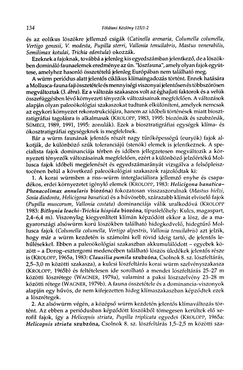 134 Földtani Közlöny 325/2-2 és az eolikus löszökre jellemző csigák (Catinella arenaria, Columella columella, Vertigo genesii, V.