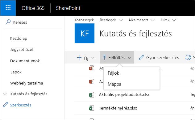 Fájlok és mappák létrehozása vagy feltöltése Létrehozhat új fájlokat és mappákat, az eszközéről pedig feltöltheti a már létezőket. A SharePointban válassza a Feltöltés > Fájlok lehetőséget.