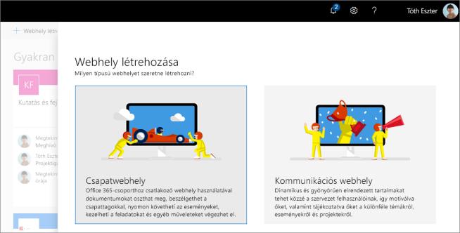 Webhely létrehozása Új SharePoint-webhely létrehozásához válassza a + Webhely létrehozása elemet a SharePoint kezdőlapján.