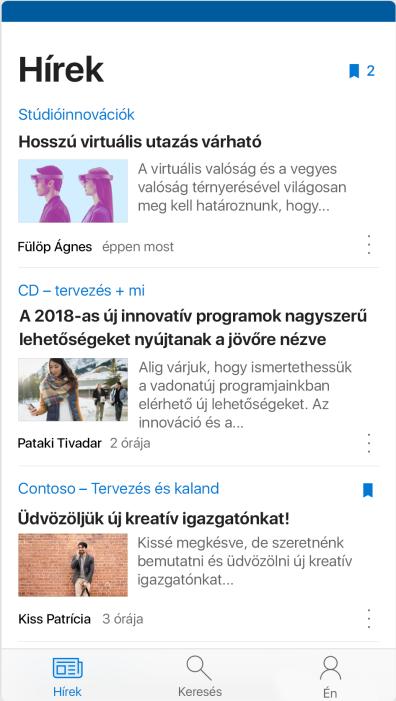 Személyre szabott nézetben jelenítheti meg csapatwebhelyeit, kommunikációs webhelyeit és hírbejegyzéseit.