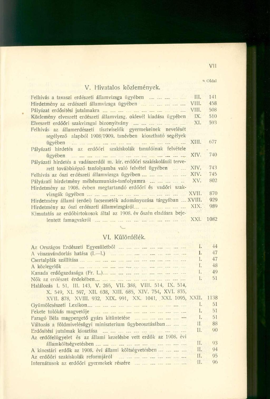 V. Hivatalo s közlemények. Olda l Felhívás a tavasz i erdészet i államvizsg a ügyébe n... III. 14 1 Hirdetmény a z erdészet i államvizsg a ügyébe n...... VIII. 45 8 Pályázat erdősítés i jutalmakr a.