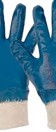 Mănuşi cusute - tricot din bumbac jersey, palma şi degetele imersate total în nitril, manşetă elastică, culoare albastră.