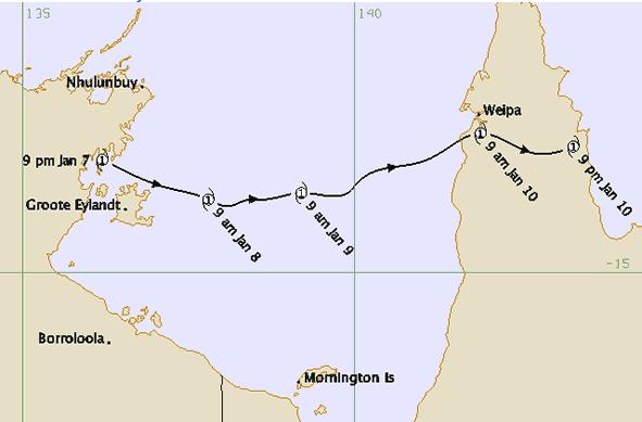 ciklon, mely az 1990 es évek elején nevet kapott a Brisebane TCWC től (Tropical Cyclone Warning Centre). 27. ábra: Mark trópusi ciklon útvonala.