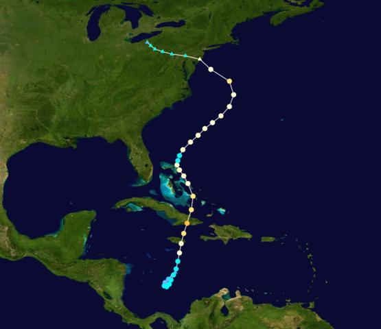 Forrás: [22] Sandy hurrikán, mely 2012 ben az atlanti térségben fejlődött ki, hármas fokozatú hurrikánként sodródott be a nyugati szelek övébe.