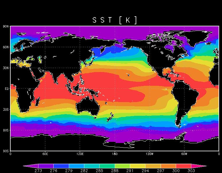 2. ábra: Világtenger vízfelszín hőmérséklete [K] Forrás: ECMWF ERA Interim, napi felszíni adata. A térképen (1. ábra) az óceánok mellett a kontinensek is láthatóak.