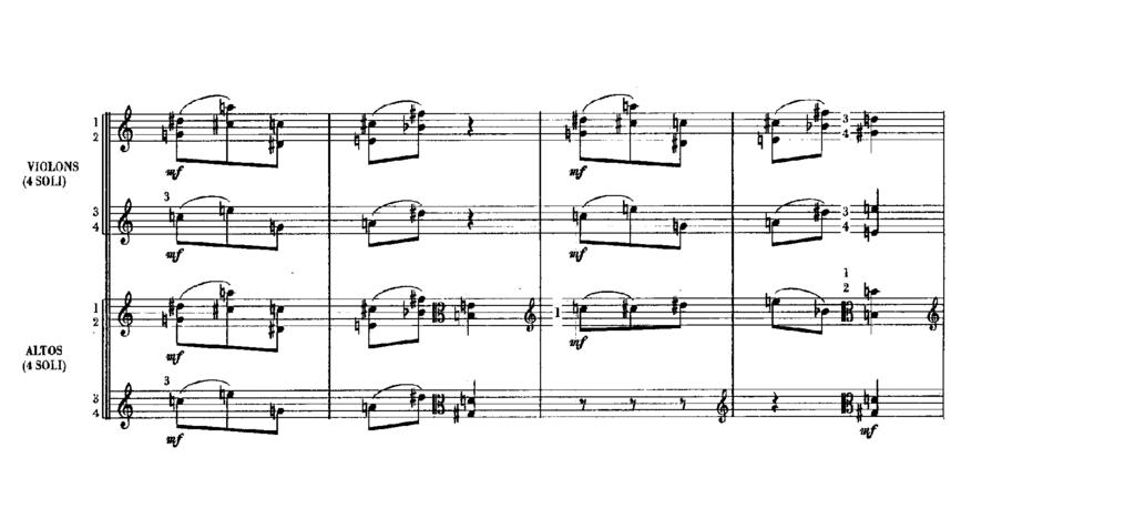46 34. kottapélda: Concert à quatre - Entrée Az E szakasz [49. part. old.] a csellók és a harangjáték unisono-jával kezdődik, melynek dallamrajza ismét számos rokonságot mutat más művekkel.