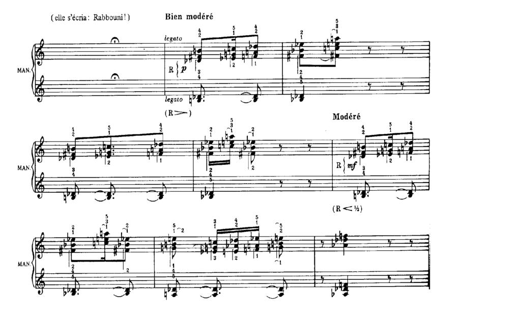 66 49. kottapélda: Livre du Saint Sacrement - No. 11. A Bien modéré szakaszban az első ritmikus formula variálódik úgy, hogy a hangmagasságok nem, csak a hangok hossza módosul.