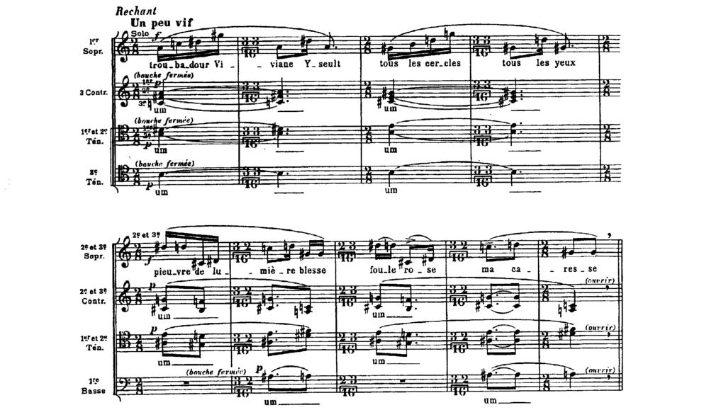 86 tételében (Les sept Anges aux sept trompettes) is megjelenik. [Lásd: 20. kottapélda] 138 Egyik típusdallam visszatérte sem feltétlenül történik viszont módosulás nélkül.