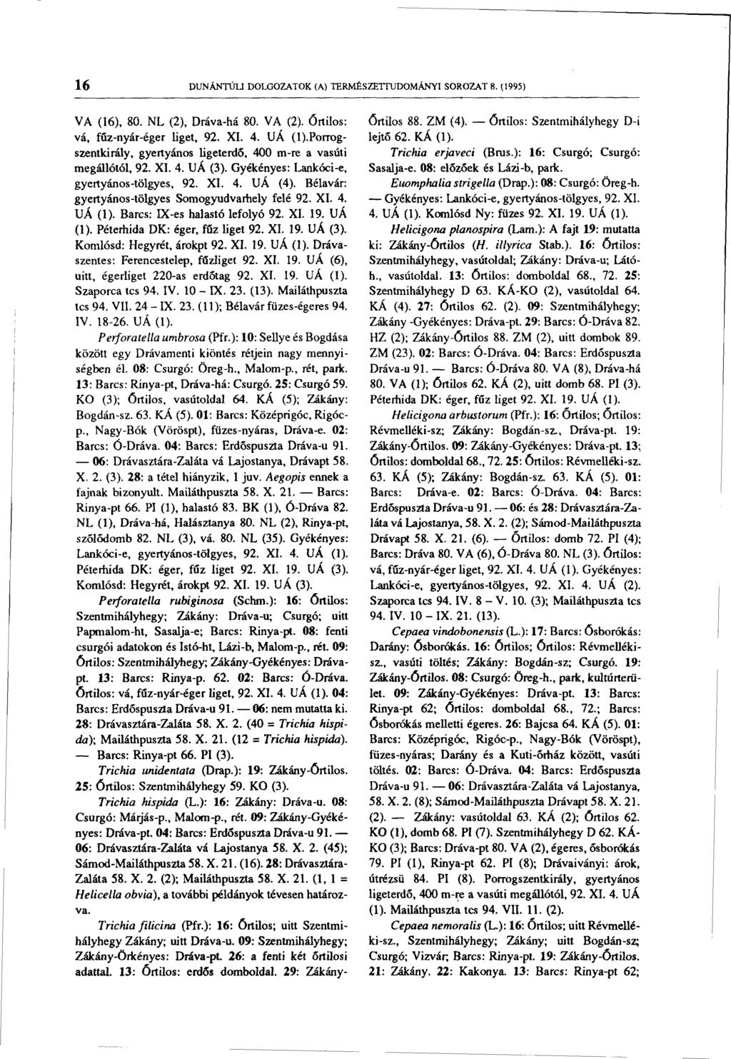 16 DUNÁNTÚLI DOLGOZATOK (A) TERMÉSZETTUDOMÁNYI SOROZAT 8. (1995) VA (16), 80. NL (2), Dráva-há 80. VA (2). Őrtilos: vá, fűz-nyár-éger liget, 92. XI. 4. UÁ (l).