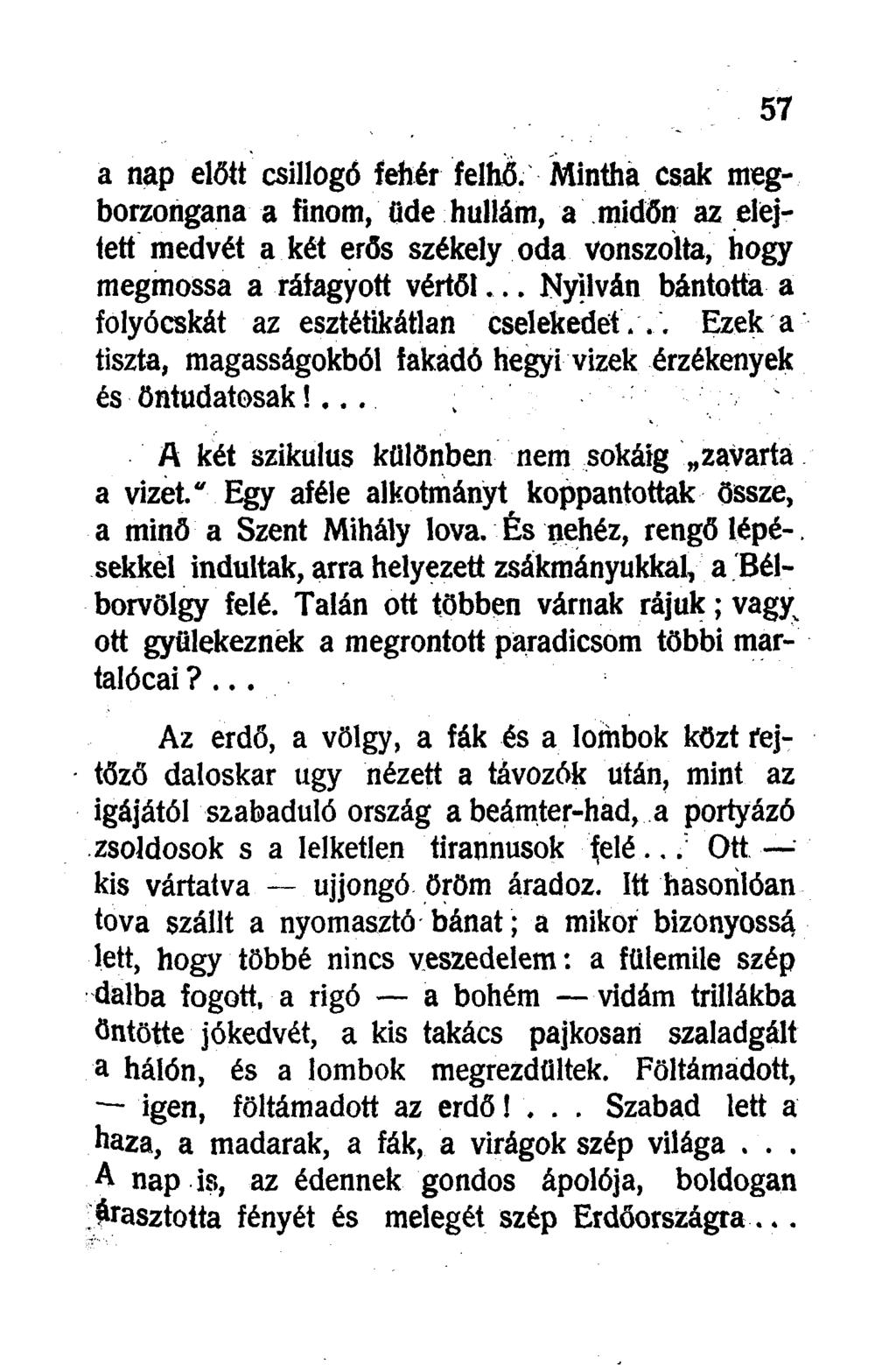 a nap előtt csillogó fehér felhő. Mintha csak megborzongana a finom, üde hullám, a midőn az elejtett medvét a két erős székely oda vonszolta, hogy megmossa a ráíagyott vértől.