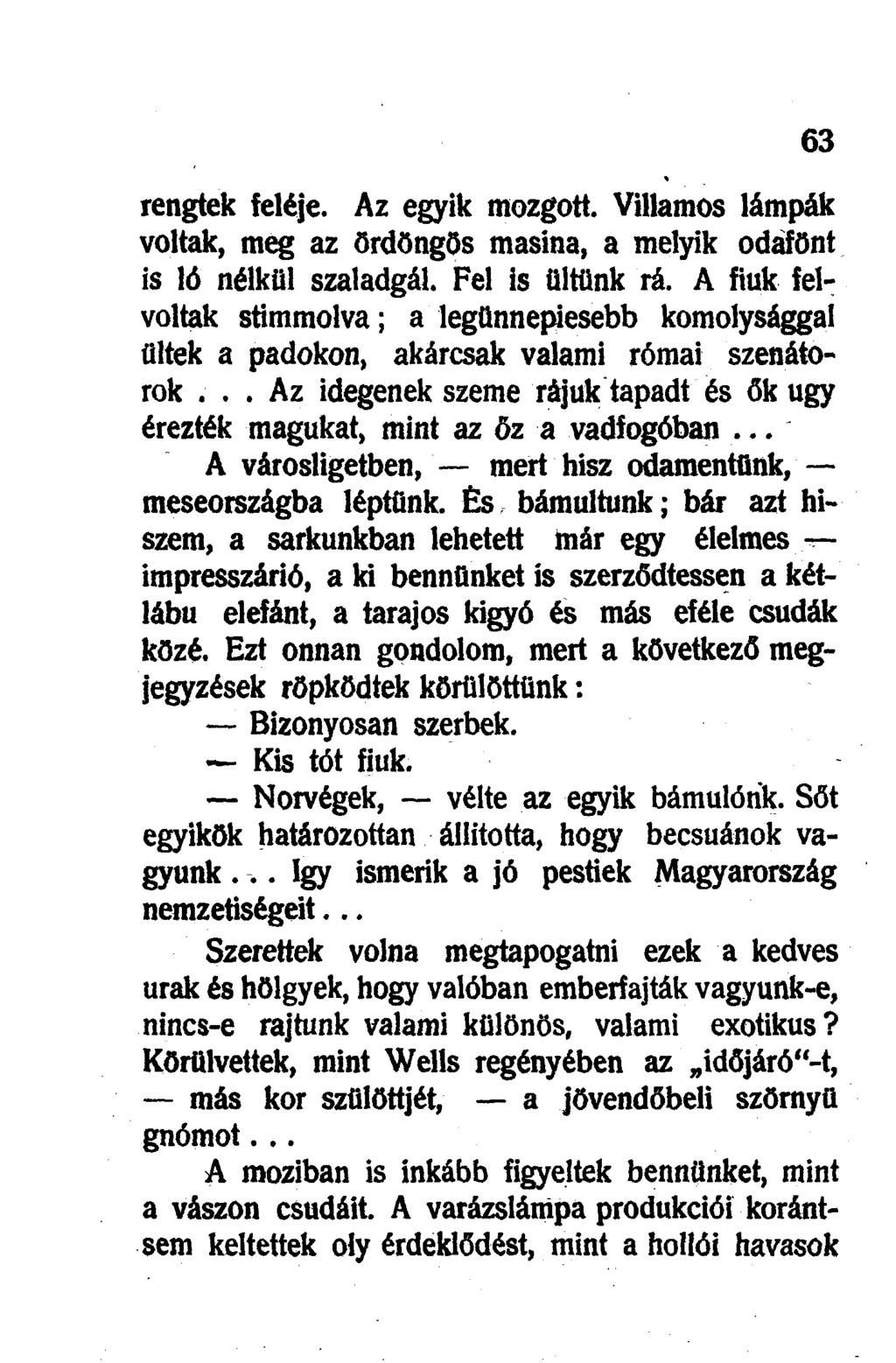 rengtek feléje. Az egyik mozgott. Villamos lámpák voltak, meg az ördöngös masina, a melyik odafönt is ló nélkül szaladgál. Fel is ültünk rá.