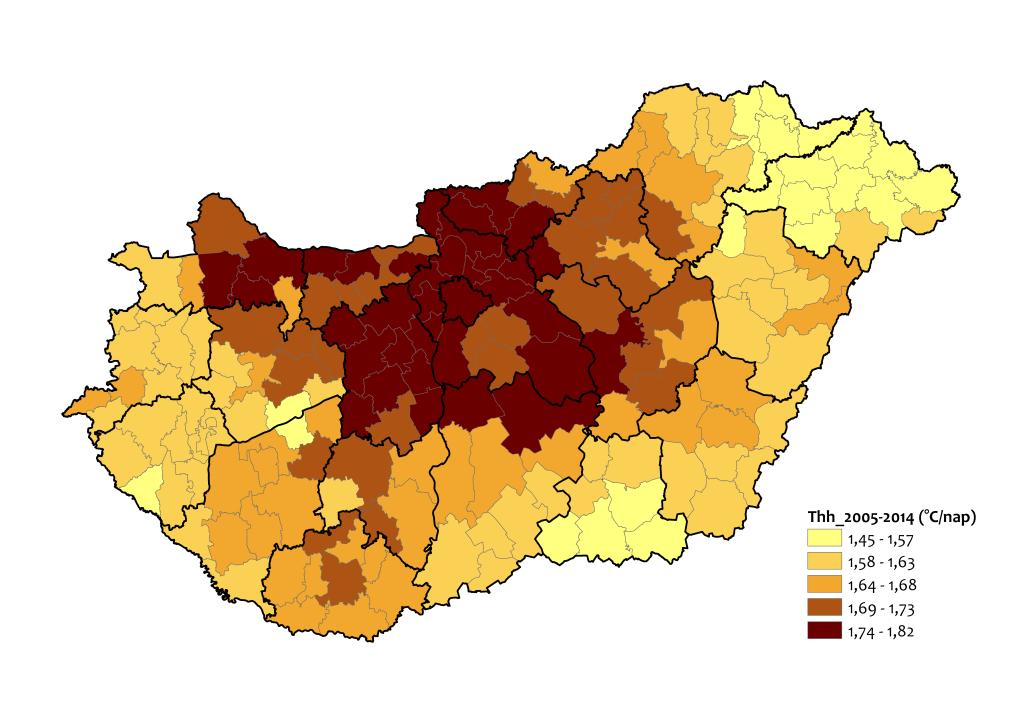 A küszöbhőmérsékletet meghaladó napok átlagos többlet hőmérséklete ( C), 2005-2014 A hőmérséklet hatása a halálozásra A küszöbhőmérsékletet meghaladó napokon a napi átlaghalálozás növekedés (%),