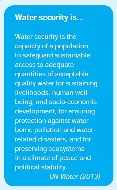 A vízbiztonság munkadefiníciója UN-Water (vízgazdálkodással foglalkozó szervezetek tevékenységét koordináló UN szervezet, 2013): A társadalom képessége az életfenntartáshoz, az emberi jóléthez és a